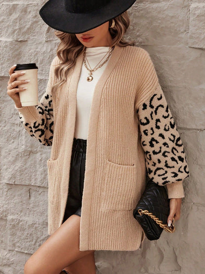 Pocketed Leopard Open Front Cardigan - Drazelle Store