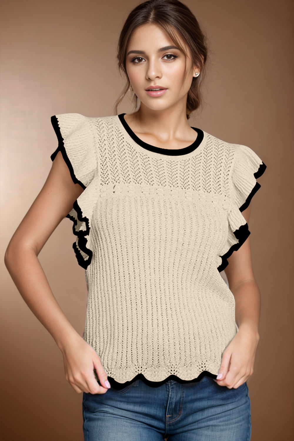 Ruffled Round Neck Cap Sleeve Knit Top - Drazelle Store